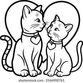 Cat and cat in love. Black and white vector illustration for coloring book.