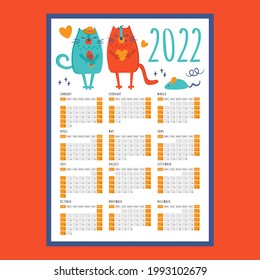 CAT LOVE CALENDAR 2022 Year Printable Template Business Organizer Schedule Page For A Day For Effective Planning Flat Style Design Clip Art Vector illustration Set