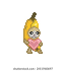 Cat in love dressed as a banana, pixel art meme