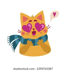 Cat in love with eyes in the shape of hearts, vector icon. Cute red kitten in a striped green scarf. The pet feels sympathy. Funny bright animal for Valentine's Day. Isolated flat cartoon clipart 