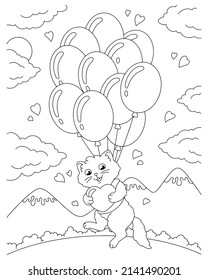 A cat in love flies with a gift in balloons. Coloring book page for kids. Valentine's Day. Cartoon style character. Vector illustration isolated on white background.