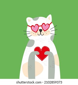 A cat in love. Cat with glasses. Cheerful cat for Valentine's Day. Cute cat. Love.