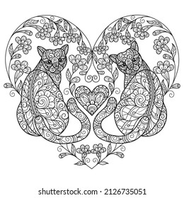 Cat and love.  Hand drawn sketch illustration for adult coloring book