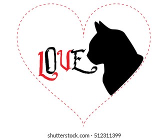 Cat Love, a heart with a cat profile and a love text