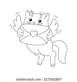 Cat with a love letter. Coloring book page for kids. Cartoon style character. Vector illustration isolated on white background. Valentine's Day.