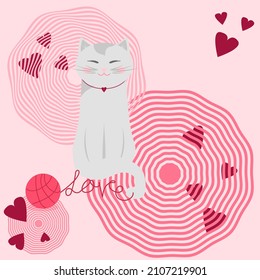 Cat in love on an abstract pink background.Draw vector character design  love of cat with little heart for Valentine's day So sweet.Doodle cartoon style.