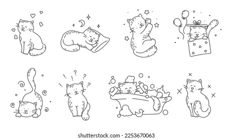 Cat in love, playful, sleeping, bathing, curious, angry doodle vector set on white background.
Happy international cat day