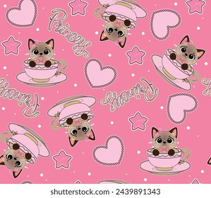 cat love tea girl princess pattern 