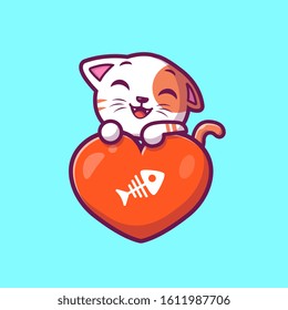 Cat Love Vector Icon Illustration. Cat And Big Heart, Animal Icon Concept White Isolated. Flat Cartoon Style Suitable for Web Landing Page, Banner, Sticker, Background