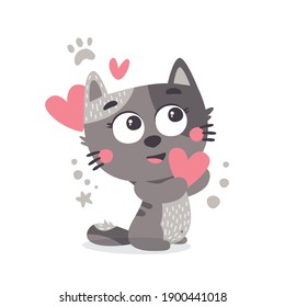 Cat in love vector illustration. Pet, kitten, heart, love, Valentines Day, paw, star