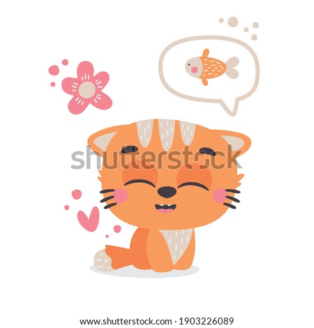 Cat in love vector illustration. Pet, kitten, heart, love, Valentines Day, paw, fish