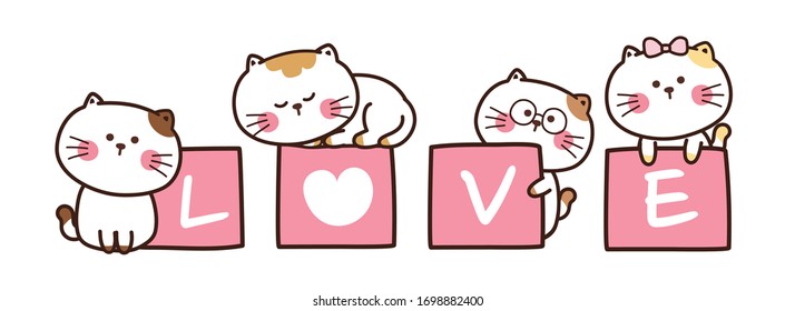 Cat with love writing on pink box hand drawn banner.Kitten various poses background.Cute cartoon character design.Animal doodle style.Image for card,poster,kid wear.Kitten.Heart.Vector.Illustration.