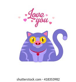 Cat with Love you typography. Vector illustration. Romance card design.