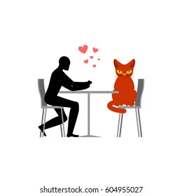 Cat lover in cafe. my kitty. Lovers in restaurant. Pet and guy. Romantic date