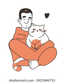 Cat lover doodle concept. Man with white kitty in hands. Love and care about pets. Minimalistic creativity and art. Simple flat vector illustration isolated on white background