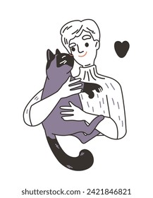 Cat lover doodle concept. Man with black kitty in hands. Love and care about pets. Sticker for social networks and messengers. Simple flat vector illustration isolated on white background