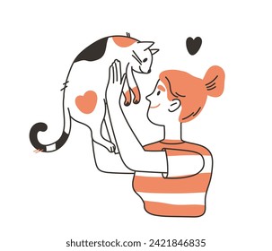 Cat lover doodle concept. Woman with kitty in hands. Love and care about pets. Sticker for social networks and messengers. Simple flat vector illustration isolated on white background