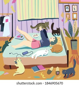 Cat lover girl. Girl lies in bed in her room with her cute various cats. Vector cartoon minimalistic illustration.