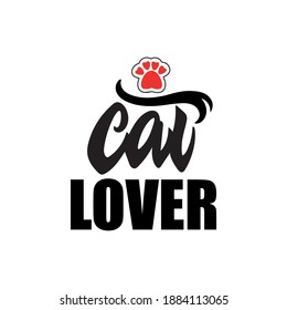 Cat Lover handwritten text isolated on white background with red hearts in cat's paw fingerprint shape.Modern brush ink calligraphy. Hand lettering. Vector illustration for World Cat Day