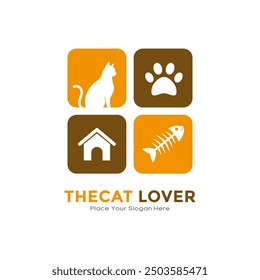 El amante del gato con el diseño del Vector del logotipo del hogar, del pez y de la pata. Adecuado para negocios, animales, mascotas, veterinaria e información