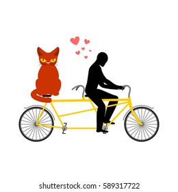 Cat lover on tandem. my kitty. Lovers of cycling. Man rolls bicycle. Pet and guy. Romantic date