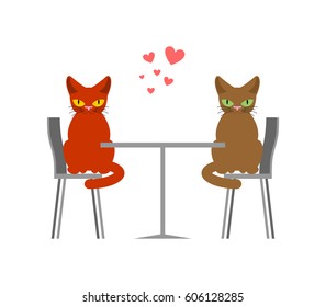 Cat lovers in cafe. Lover in restaurant. Pet Romantic date. Cats lifestyle
