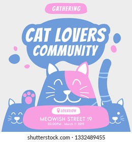 cat lovers community gathering annual event invitation flyer banner promotion ads illustration with cute doodle cartoon of cats in soft blue color