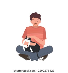 El concepto de los amantes del gato. un hombre sosteniendo, abrazando, besando a su gato con amor como una persona de gato. Ilustración de dibujos animados de vector plano