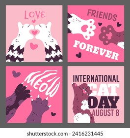 Cat lovers and International cats day banners or posters set, flat vector illustration. Customizable designs collection of special day dedicated to feline friends.