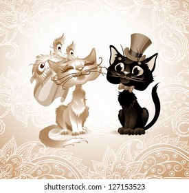 Cat lovers in retro style. Greeting Card Valentine's Day, wedding invitation, Retro Party.