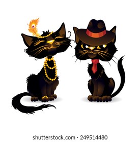 Cat lovers in retro style. Two black cats dressed in retro style, vintage look.  Greeting Card Valentine's Day, retro party invitation. 