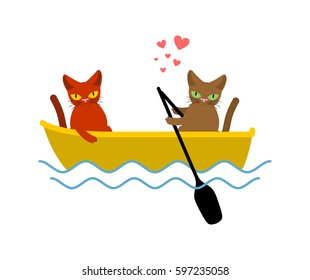 Cat lovers ride in boat. Lover of sailing. Pet Romantic date. Cats lifestyle