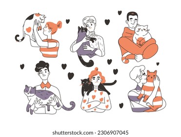 Cat lovers set  People and pets in doodle  hand draw style  Characters holding  hugging   kissing animals  Love   care for kittens  Cartoon flat vector collection isolated white background