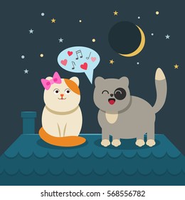 Cat lovers cat sings a song. The concept of love for Valentine's Day. flat vector illustration