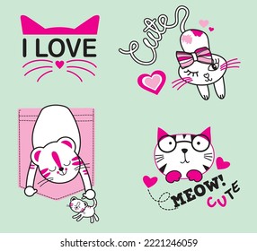Para los amantes del gato, colección de gatos vectoriales para los niños camisas o pantalones cortos impresos y también para pegatinas