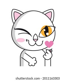 Cat loves k pop. Korean symbol hand heart, love symbol in k pop. Cute cat sticker isolated on white background. White cat winks emoji
