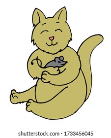 The cat loves the mouse and is friends.
Vector is isolated on a white background. Cartoon. Hand drawing.