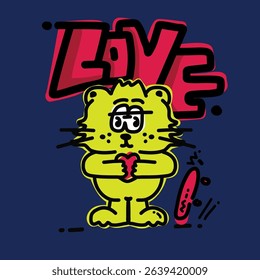 Cat loves skateboardkid, sweet, heart, textile, lovely, shirt, skater, style,  merchandise, print, sticker, digital needs, etc. Graphic vector illustration.    