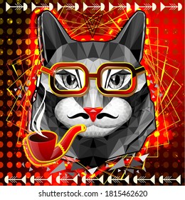 A cat in a low-poly style smokes a pipe. Pop art.  surrealism. Geometric multicolored vector design. Background with dots