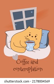 The cat is lying with a cup of coffee. Coffee and contemplation