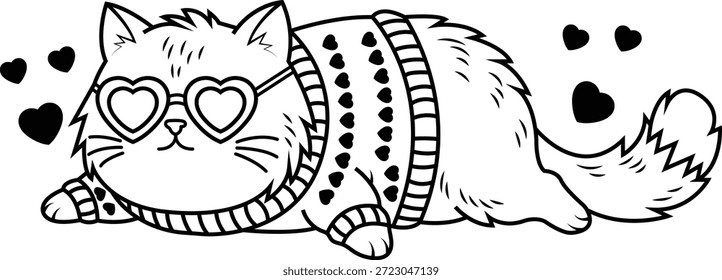 Gato acostado con gafas en forma de corazón y suéter estampado