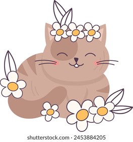 Cat Lying With Flowers Vector Illustration