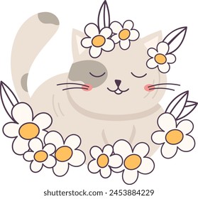 Cat Lying With Flowers Vector Illustration