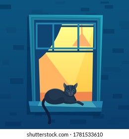 Cat lying in lit up city apartment open window at night time. Black kitten character having rest on windowsill with abstract interior and curtains, evening scene cartoon vector illustration