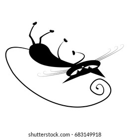 The cat is lying on the back. Icon of a black cat. Cat with a long swirling tail. Vector illustration.