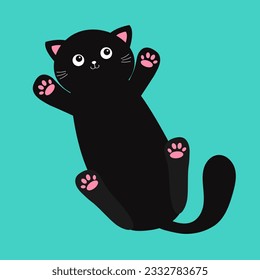 Cat lying on back. Pink paw print. Cartoon baby pet character. Long body. Cute kawaii chilling black kitten head face. Happy Halloween. Greeting card print. Flat design. Blue background. Vector