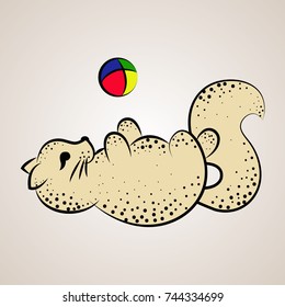 Cat lying on the back and playing with a colorful ball, calligraphy, vector illustration