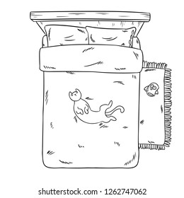 Cat lying on the bed. Cute funny scene. Top view. Cartoon style image