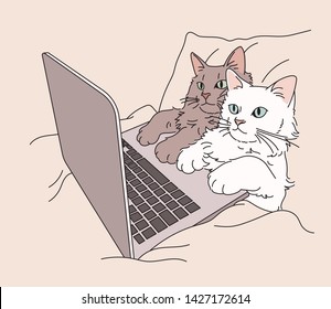 The cat is lying on the bed and looking at the computer. hand drawn style vector design illustrations. 