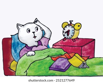 The cat is lying on the bed and looking at the alarm clock